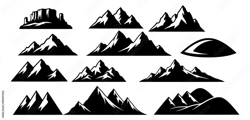 Fototapeta premium Mountain silhouette. Black outline minimal mountains shape for banner border and scenic backdrop. Isolated vector set, JPEG version.