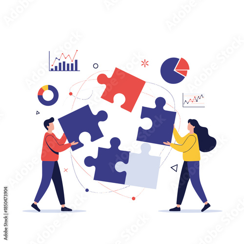 Two people collaborating to assemble giant puzzle pieces representing business strategy and problem solving teamwork.