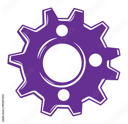 Purple gear vector icon with white accents illustrating engineering and industrial concepts