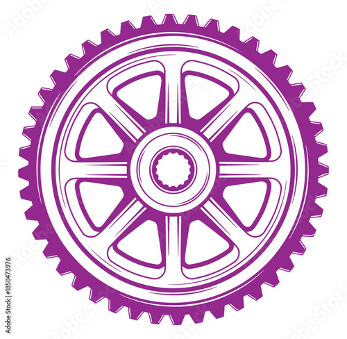 Purple gear wheel illustration showing teeth and spokes isolated on white background