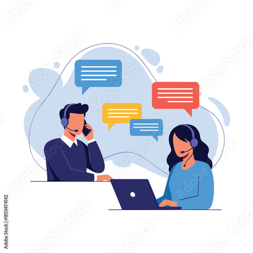 Professional customer service team with headsets and laptops communicating with many clients via online chat with colored bubbles.