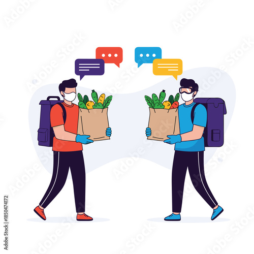 Grocery delivery workers with face masks and backpacks holding brown paper bags of fresh vegetables with colorful speech bubbles.