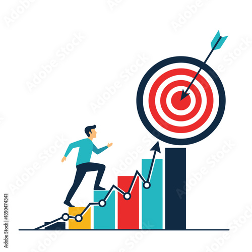 Businessman runs up a bar chart toward a large archery target to achieve success and business goals through growth and hard work.