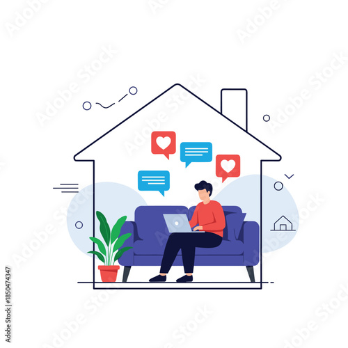 Professional man stays connected while working from home on a laptop with social media message notifications appearing inside a house outline.
