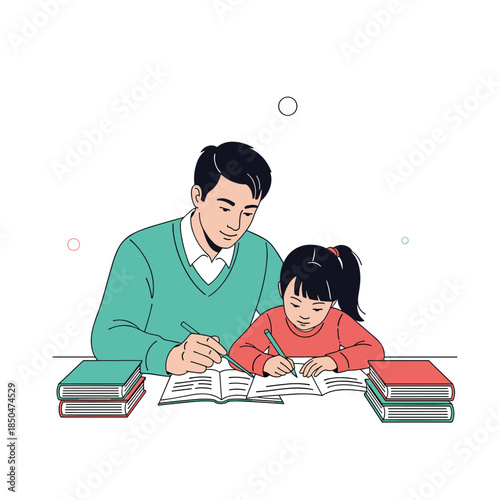 Caring father sits at a desk and helps his young daughter with her school homework and reading books in a supportive home environment.