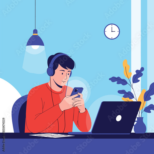 Young man enjoys listening to music with headphones while distracted by his smartphone during a study session with a laptop and lamp.