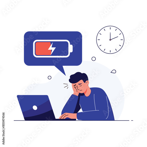 Weary man leans his head on his hand while working late at his laptop with a low battery speech bubble representing exhaustion.