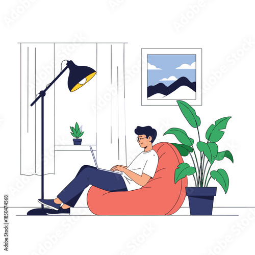Freelancer enjoys a relaxed workspace while sitting in a bean bag chair and working on a laptop at home near a large indoor plant.