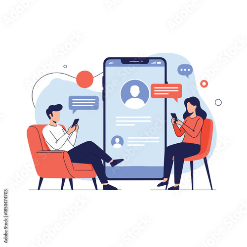 Social networking concept shows two people sitting on chairs using their smartphones with a giant mobile profile page between them.