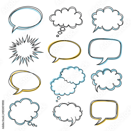 Large collection of diverse hand-drawn speech and thought bubbles for communication, ideas, and messages.