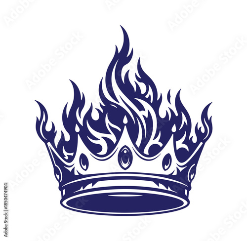 Vector illustration of a royal crown with fire flames in navy blue on white background