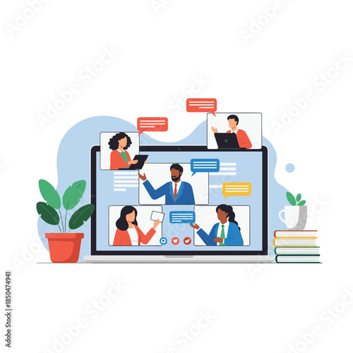 Laptop display featuring an ongoing group video call with diverse business people collaborating remotely from home.