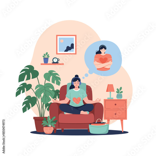 Woman meditating in an armchair at home while thinking about self-care and self-love to improve mental well-being.