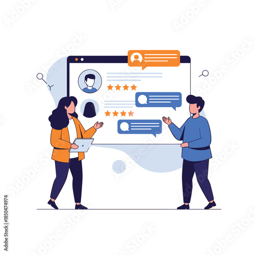 Two professionals discussing user feedback and star ratings displayed on a large website interface screen.
