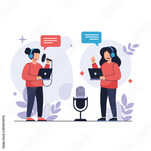 Two female hosts recording a podcast or radio show using microphones and laptops in a studio setting.