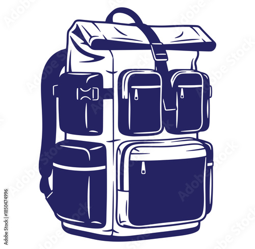 Vector illustration of a modern stylish backpack design with multiple pockets and straps