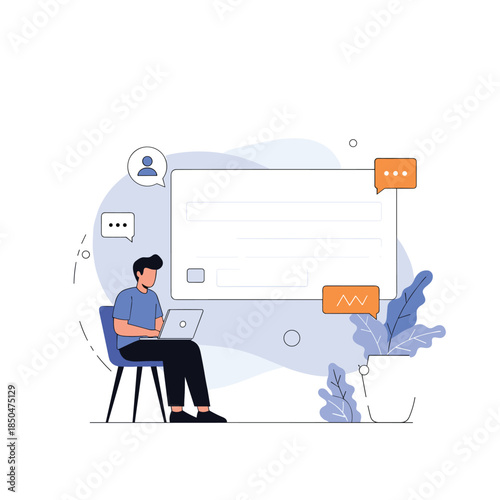 Young professional sitting and working on his laptop in front of a giant empty digital screen for content creation.