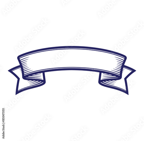 Vintage engraved banner ribbon icon in navy blue with blank space for text or message