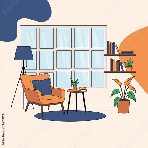 Comfortable and cozy living room interior with an orange armchair, a coffee table, a bookshelf, and a large window.