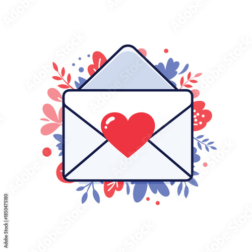 Romantic white envelope opened to reveal a large red heart surrounded by colorful floral decorations and leaves.