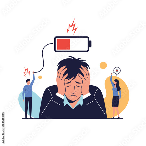 Overwhelmed businessman feeling burnt out and exhausted while dealing with stress and low mental energy levels.