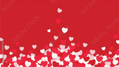 Scattered red and white hearts floating against a vibrant red backdrop, a festive atmosphere from a front viewpoint
