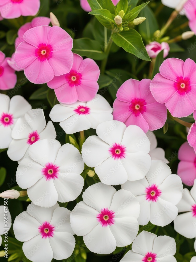 Fototapeta premium Beautiful pink and white flowers with green leaves. The vibrant phlox flower is in full bloom