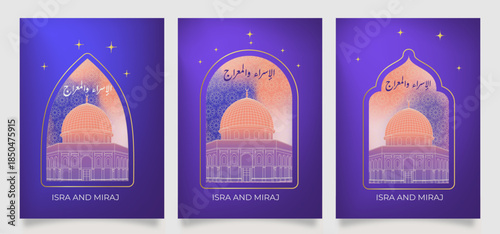 isra miraj background verctor illustration design featuring Al-Aqsa Mosque dome with Arabic calligraphy set in a dreamy night sky, symbolizing the sacred journey, ideal for religious greetings and eve