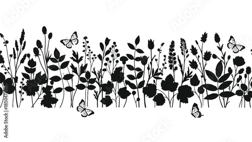 Butterflies flying among wildflowers in a lush meadow landscape illustration
