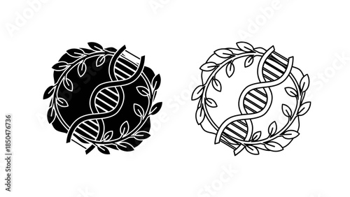 Black and white circular emblems with DNA helix and laurel wreath genetic science