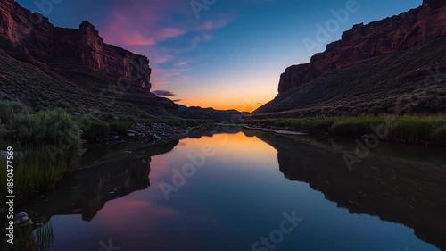 Dramatic canyon landscape with river reflecting sunset colors and sky