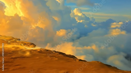 Dramatic cliff edge with golden clouds and warm sunlight scenery