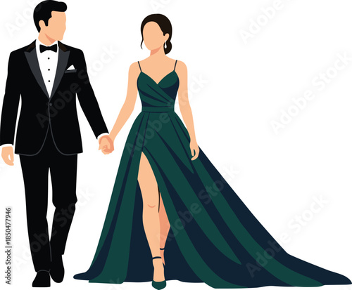 Elegant couple walking, formal attire, black tuxedo, green gown, evening fashion, red carpet style, sophistication, glamour, luxury, stylish pose, romance