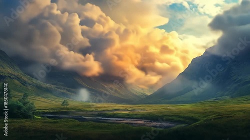 Dramatic cloudscape over green valley landscape with mountain range