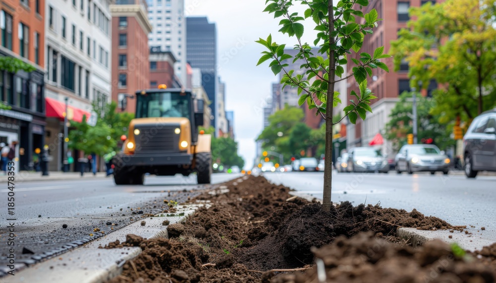 Obraz premium Urban Greening: Planting Young Tree in City Street with Bulldozer Background