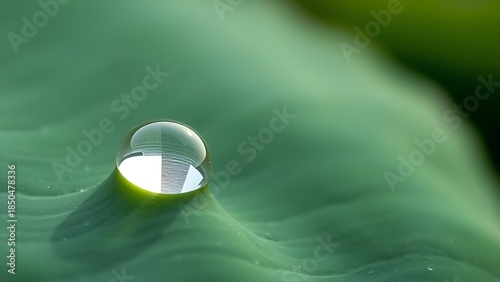 hasty. A single water droplet resting on a green lotus leaf, morning dew, macro detail. gardening catalogs, home-decor guides, designed for gardening and botanical catalogs, promotes healthy living.