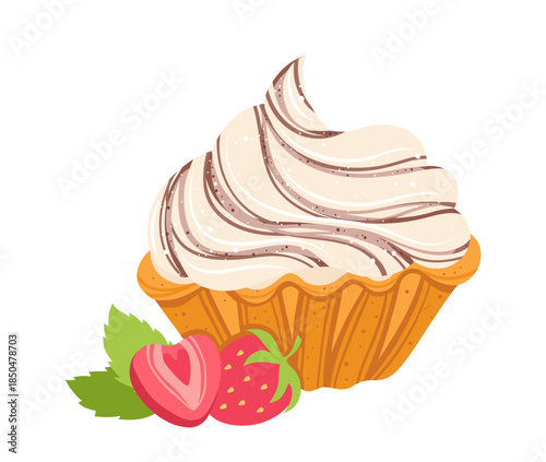 Cream dessert with whipped vanilla cream short crust pastry and strawberry hand drawn texture illustration. Sweet tartlet pastry dessert art. Vector hand drawn cartoon cream puff design for menu print