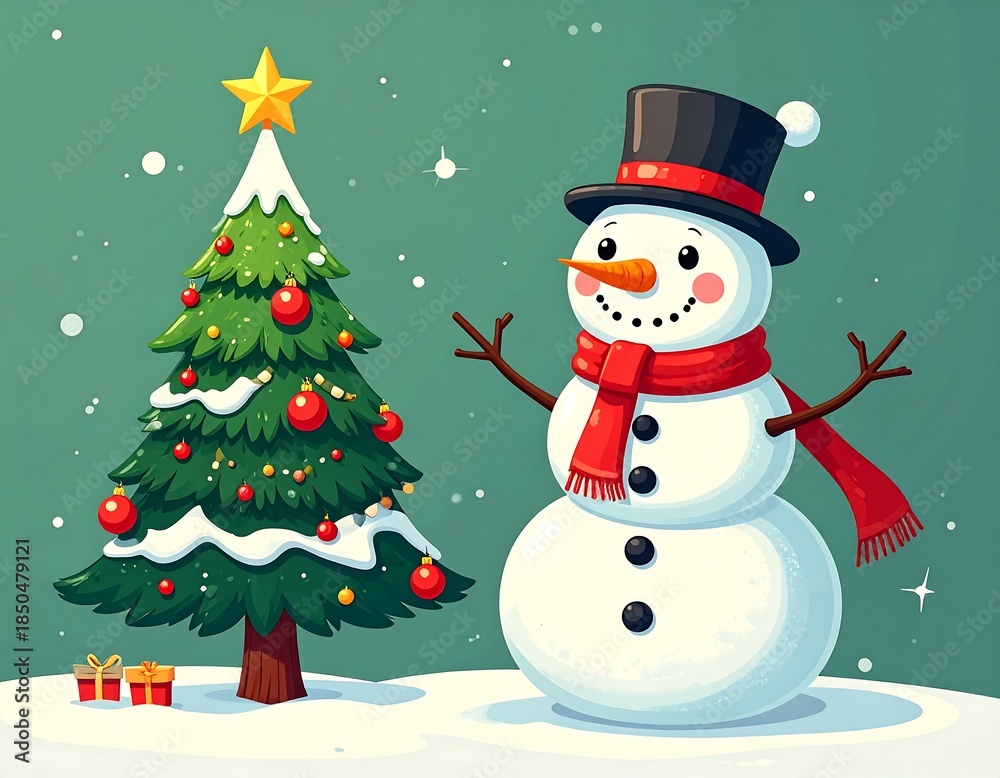 Obraz premium Festive illustration showing a Christmas tree and snowman on snowy ground