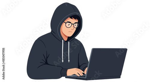 Young Hacker in Hoodie Wearing Glasses Typing on Laptop Illustrating Cybercrime and Digital Security Concepts cybersecurity