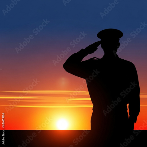 Silhouette Salute at Sunset: A solitary soldier stands tall, rendering a respectful salute against a fiery sunset. The scene radiates valor and dedication, evoking feelings of honor and respect.