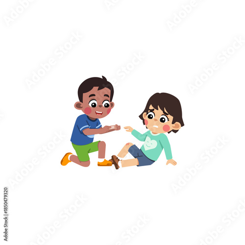 Kid Applying Adhesive Bandage to Friend's Injured Knee