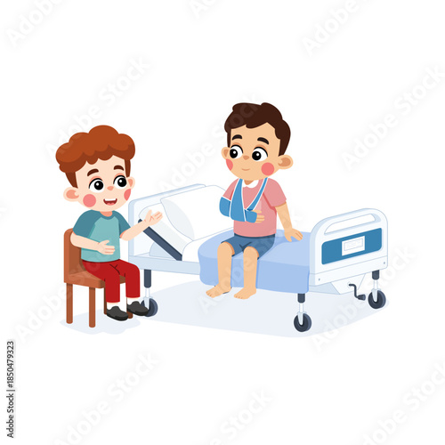 Kid Visiting an Injured Friend with Broken Arm in Hospital