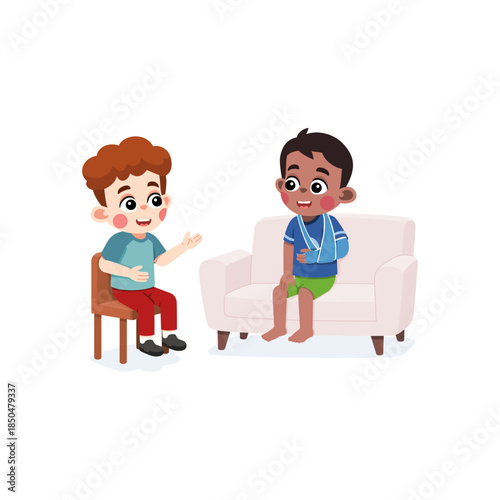 Kid Visiting an Injured Friend with Broken Arm at Home