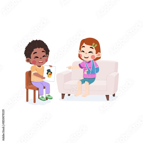Kid Visiting and Cheering Up an Injured Friend with Broken Arm at Home