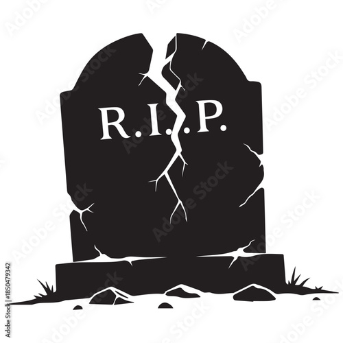 Cracked RIP tombstone on white background