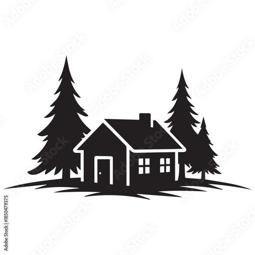 Cozy house silhouette with pine trees in a serene landscape