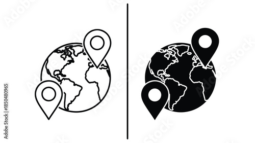 World map with location pins -  Vector icon set - Line and glyph solid icon set - Icon vector - Flat Design Icon - Solid icons vector collection - Blue icon set 