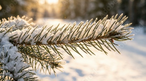 Pine tree covered in snow with the sun shining through the needles.