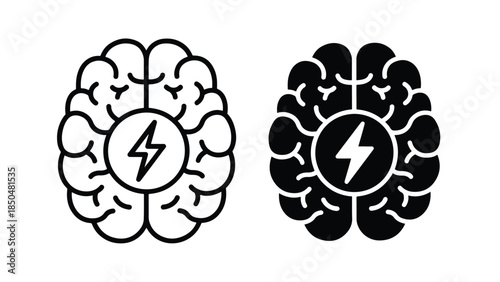 Brain with lightning icon set -  Vector icon set - Line and glyph solid icon set - Icon vector - Flat Design Icon - Solid icons vector collection - Blue icon set 