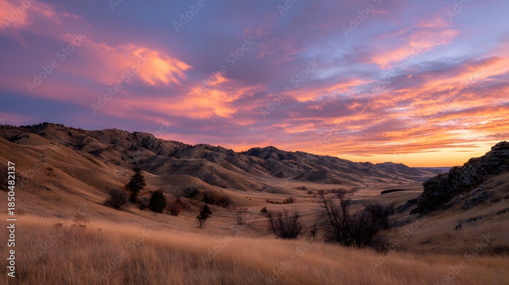 Naklejka premium Dramatic Sunset Over Rolling Hills Landscape with Golden Grass.